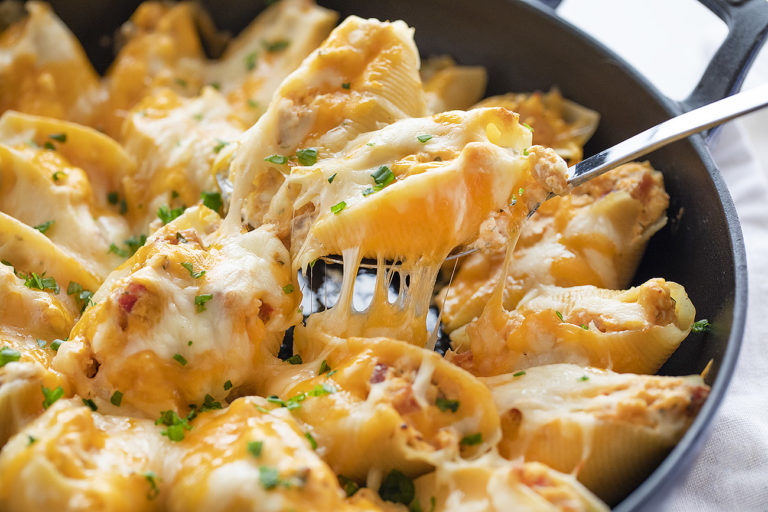 CHEESY BACON CHICKEN STUFFED SHELLS - Grandma's Simple Recipes