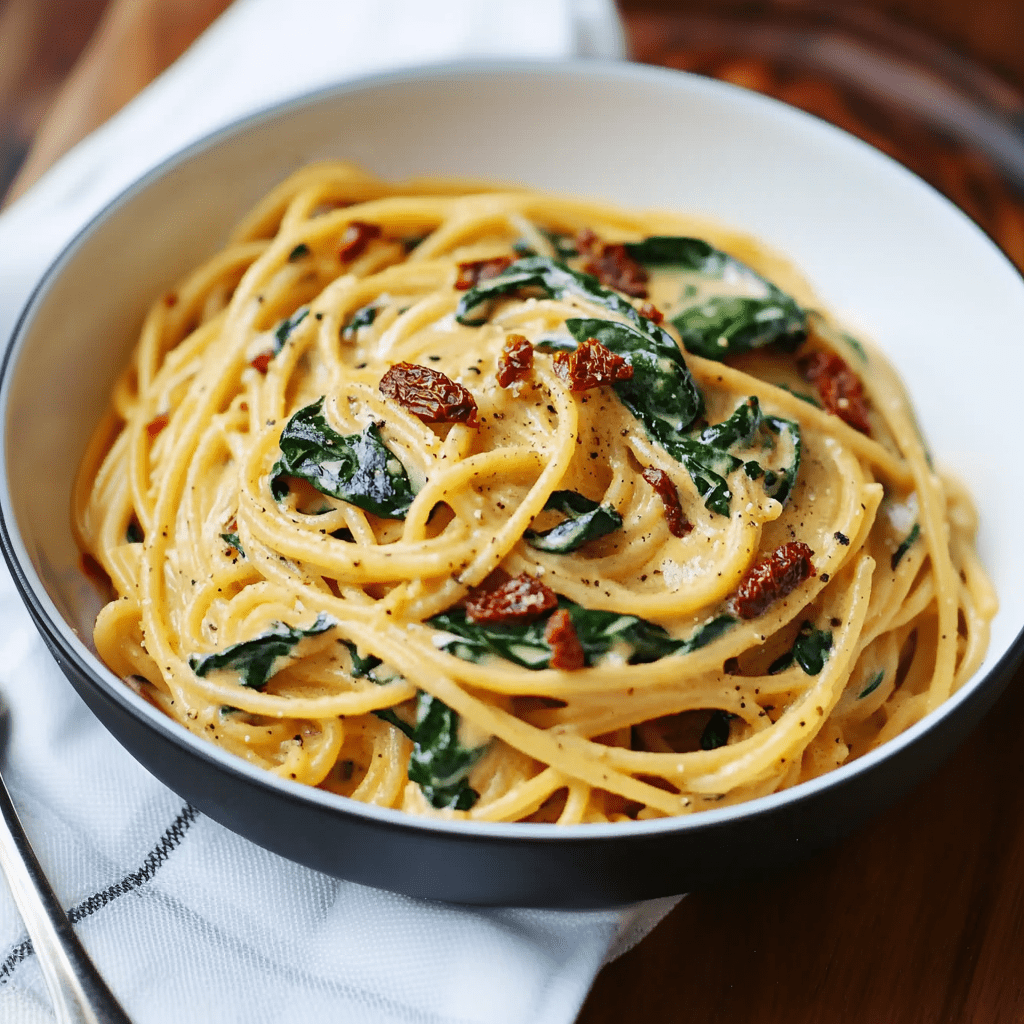 Spaghetti & Spinach with Sun-Dried Tomato Cream Sauce