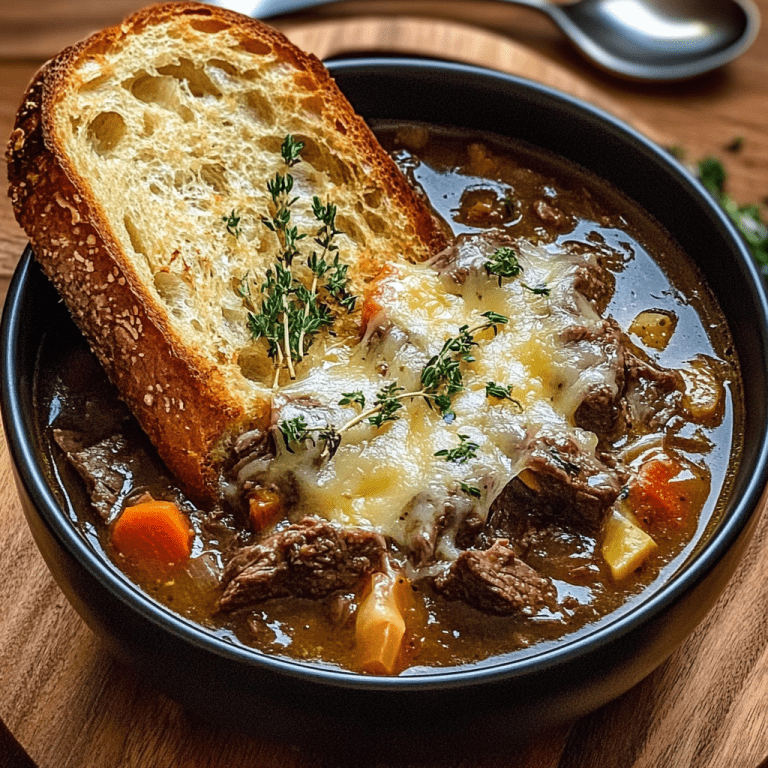 Hearty Bistro Beef Soup with Cheese Crusted Bread