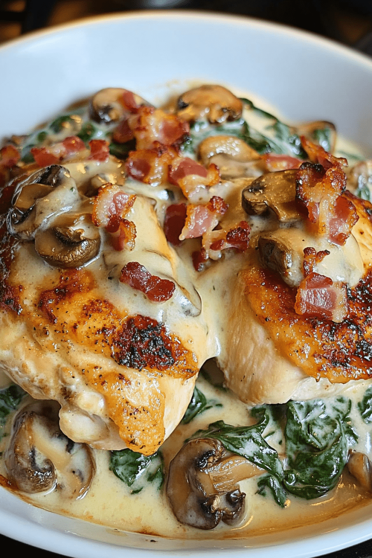 Smothered Chicken with Creamed Spinach, Bacon, and Mushrooms
