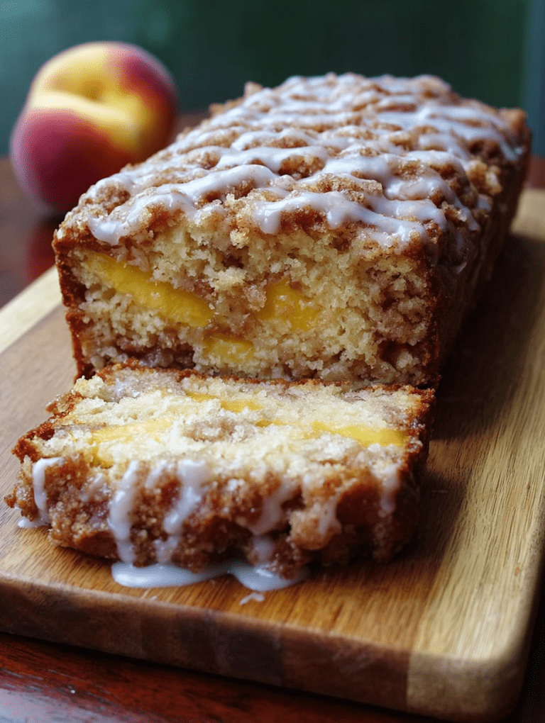 Cinnamon Peach Crumble Bread with Vanilla Glaze