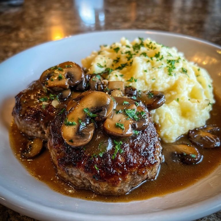 Salisbury Steak with Garlic Mashed Potatoes and Mushroom Onion Gravy